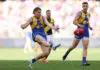 PERTH, AUSTRALIA - MAY 02: Harley Reid of the Eagles kicks a goal  during the round eight AFL match between West Coast Eagles and Richmond Tigers at Optus Stadium, on May 02, 2026, in Perth, Australia. (Photo by Janelle St Pierre/AFL Photos/via Getty Images)