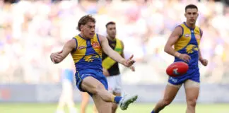 PERTH, AUSTRALIA - MAY 02: Harley Reid of the Eagles kicks a goal  during the round eight AFL match between West Coast Eagles and Richmond Tigers at Optus Stadium, on May 02, 2026, in Perth, Australia. (Photo by Janelle St Pierre/AFL Photos/via Getty Images)