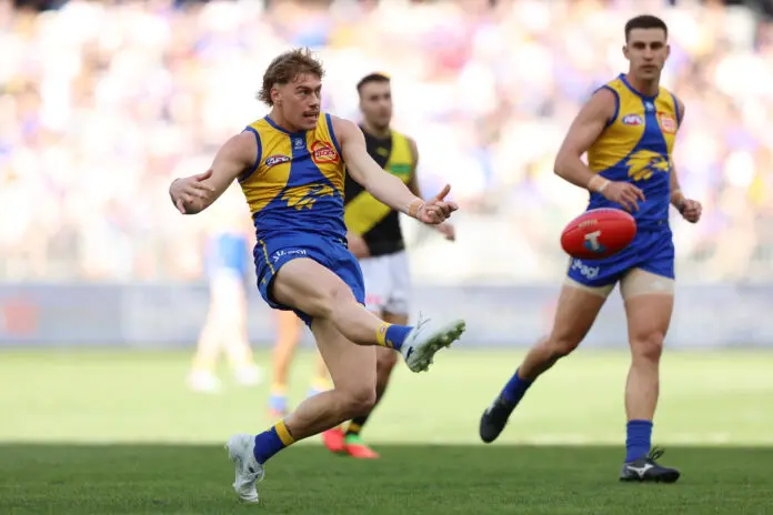 PERTH, AUSTRALIA - MAY 02: Harley Reid of the Eagles kicks a goal  during the round eight AFL match between West Coast Eagles and Richmond Tigers at Optus Stadium, on May 02, 2026, in Perth, Australia. (Photo by Janelle St Pierre/AFL Photos/via Getty Images)