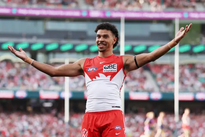 SYDNEY, AUSTRALIA - MAY 03:  Malcolm Rosas of the Swans celebrates kicking a goal during the round eight AFL match between Sydney Swans and Melbourne Demons at Sydney Cricket Ground, on May 03, 2026, in Sydney, Australia. (Photo by Matt King/AFL Photos/via Getty Images)