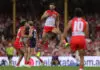 SYDNEY, AUSTRALIA - MAY 03: Brodie Grundy of the Swans celebrates kicking a goal during the round eight AFL match between Sydney Swans and Melbourne Demons at Sydney Cricket Ground on May 03, 2026 in Sydney, Australia. (Photo by Jason McCawley/AFL Photos/via Getty Images)