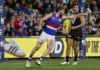 ADELAIDE, AUSTRALIA - MAY 08: Marcus Bontempelli of the Bulldogs celebrates a goal during the 2026 AFL Round 09 match between the Port Adelaide Power and the Western Bulldogs at Adelaide Oval on May 8, 2026 in Adelaide, Australia. (Photo by James Elsby/AFL Photos via Getty Images)
