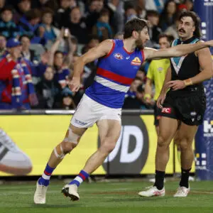 ADELAIDE, AUSTRALIA - MAY 08: Marcus Bontempelli of the Bulldogs celebrates a goal during the 2026 AFL Round 09 match between the Port Adelaide Power and the Western Bulldogs at Adelaide Oval on May 8, 2026 in Adelaide, Australia. (Photo by James Elsby/AFL Photos via Getty Images)