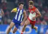 MELBOURNE, AUSTRALIA - MAY 09: Colby McKercher of the Kangaroos runs with the ball during the 2026 AFL Round 09 match between the North Melbourne Kangaroos and the Sydney Swans at Marvel Stadium on May 9, 2026 in Melbourne, Australia. (Photo by James Wiltshire/AFL Photos via Getty Images)