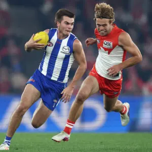 MELBOURNE, AUSTRALIA - MAY 09: Colby McKercher of the Kangaroos runs with the ball during the 2026 AFL Round 09 match between the North Melbourne Kangaroos and the Sydney Swans at Marvel Stadium on May 9, 2026 in Melbourne, Australia. (Photo by James Wiltshire/AFL Photos via Getty Images)