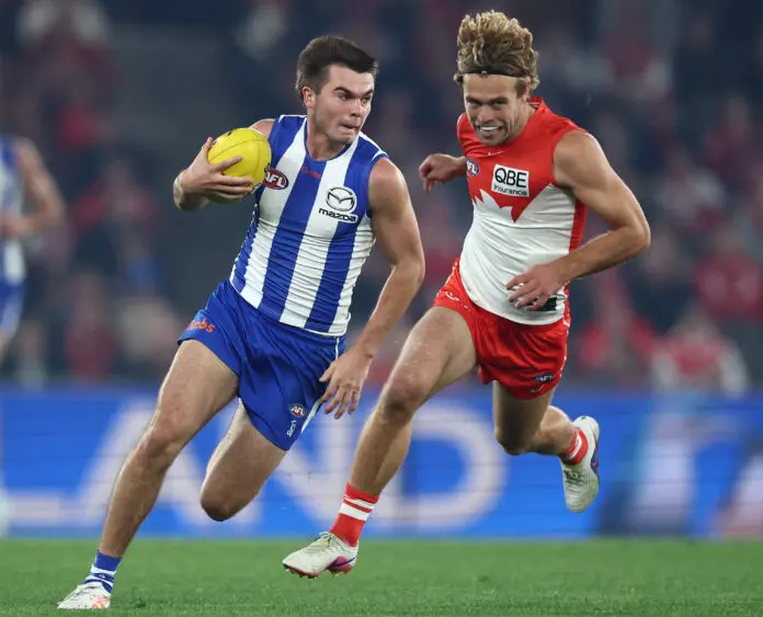 MELBOURNE, AUSTRALIA - MAY 09: Colby McKercher of the Kangaroos runs with the ball during the 2026 AFL Round 09 match between the North Melbourne Kangaroos and the Sydney Swans at Marvel Stadium on May 9, 2026 in Melbourne, Australia. (Photo by James Wiltshire/AFL Photos via Getty Images)