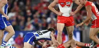 Sydney Swans AFLW figures speak in wake of club scandal MELBOURNE, AUSTRALIA - MAY 09: Jacob Konstanty of the Kangaroos and Tom Papley of the Swans wrestle during the 2026 AFL Round 09 match between the North Melbourne Kangaroos and the Sydney Swans at Marvel Stadium on May 9, 2026 in Melbourne, Australia. (Photo by James Wiltshire/AFL Photos via Getty Images)