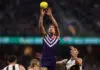 PERTH, AUSTRALIA - MAY 07: Luke Jackson of the Dockers contests the ruck during the round nine AFL match between Fremantle Dockers and Hawthorn Hawks at Optus Stadium, on May 07, 2026, in Perth, Australia. (Photo by Janelle St Pierre/AFL Photos/via Getty Images)