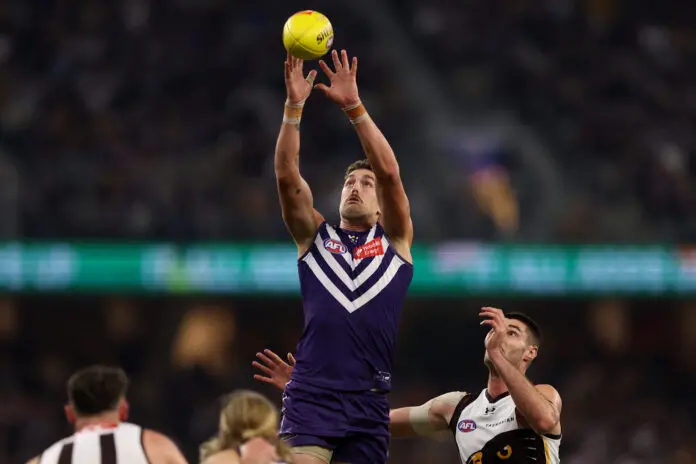 PERTH, AUSTRALIA - MAY 07: Luke Jackson of the Dockers contests the ruck during the round nine AFL match between Fremantle Dockers and Hawthorn Hawks at Optus Stadium, on May 07, 2026, in Perth, Australia. (Photo by Janelle St Pierre/AFL Photos/via Getty Images)