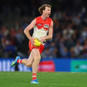 MELBOURNE, AUSTRALIA - MAY 09: Nick Blakey of the Swans runs with the ball during the round nine AFL match between North Melbourne Kangaroos and Sydney Swans at Marvel Stadium, on May 09, 2026, in Melbourne, Australia. (Photo by Daniel Pockett/Getty Images)