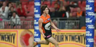 LATE CHANGE FINAL TEAMS: GWS vs Geelong – Round 18, 2026 SYDNEY, AUSTRALIA - MAY 09: Phoenix Gothard of the Giants celebrates kicking a goal during the round nine AFL match between Greater Western Sydney Giants and Essendon Bombers at ENGIE Stadium, on May 09, 2026, in Sydney, Australia. (Photo by Mark Metcalfe/AFL Photos/via Getty Images)