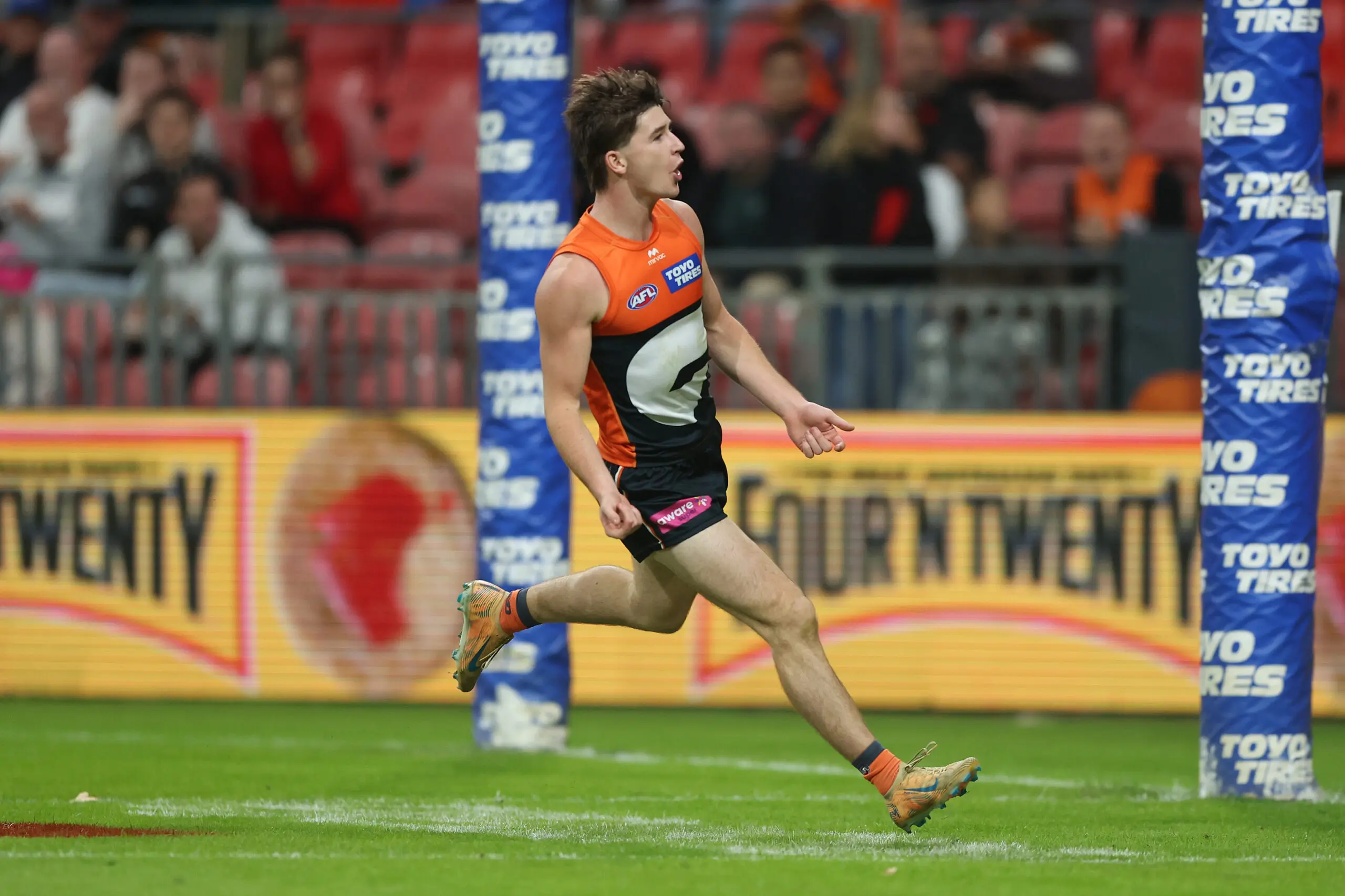 SYDNEY, AUSTRALIA - MAY 09: Phoenix Gothard of the Giants celebrates kicking a goal during the round nine AFL match between Greater Western Sydney Giants and Essendon Bombers at ENGIE Stadium, on May 09, 2026, in Sydney, Australia. (Photo by Mark Metcalfe/AFL Photos/via Getty Images)