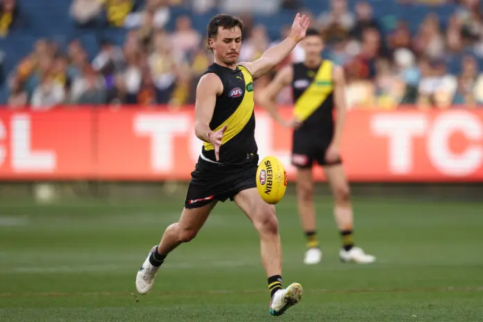 MELBOURNE, AUSTRALIA - MAY 10: Steely Green of the Tigers kicks the ball during the round nine AFL match between Richmond Tigers and Adelaide Crows at Melbourne Cricket Ground, on May 10, 2026, in Melbourne, Australia. (Photo by Morgan Hancock/AFL Photos/via Getty Images)