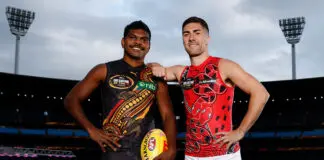FINAL TEAMS: Richmond vs Essendon – Round 11, 2026 MELBOURNE, AUSTRALIA - MAY 19: Maurice Rioli of the Tigers and Jade Gresham of the Bombers pose during the AFL 2026 Dreamtime Media Opportunity at the Melbourne Cricket Ground on May 19, 2026 in Melbourne, Australia. (Photo by Michael Willson/AFL Photos via Getty Images)