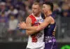 AFL free kick ladder: Which clubs get the best whistle at home and away? PERTH, AUSTRALIA - MAY 22: Patrick Voss of the Dockers and Callum Wilkie of the Saints in action during the round 11 AFL match between Walyalup (Fremantle Dockers) and Euro-Yroke (St Kilda Saints) at Optus Stadium, on May 22, 2026, in Perth, Australia. (Photo by Janelle St Pierre/AFL Photos/via Getty Images)
