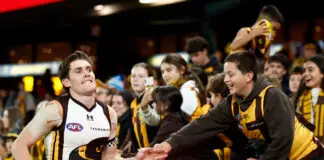 “Obsessed with the grind”: Inside Hawthorn gun’s inspiring long-awaited return MELBOURNE, AUSTRALIA - MAY 28: Will Day of the Hawks celebrates with fans during the 2026 AFL Round 12 match between the St Kilda Saints and the Hawthorn Hawks at Marvel Stadium on May 28, 2026 in Melbourne, Australia. (Photo by Michael Willson/AFL Photos via Getty Images)