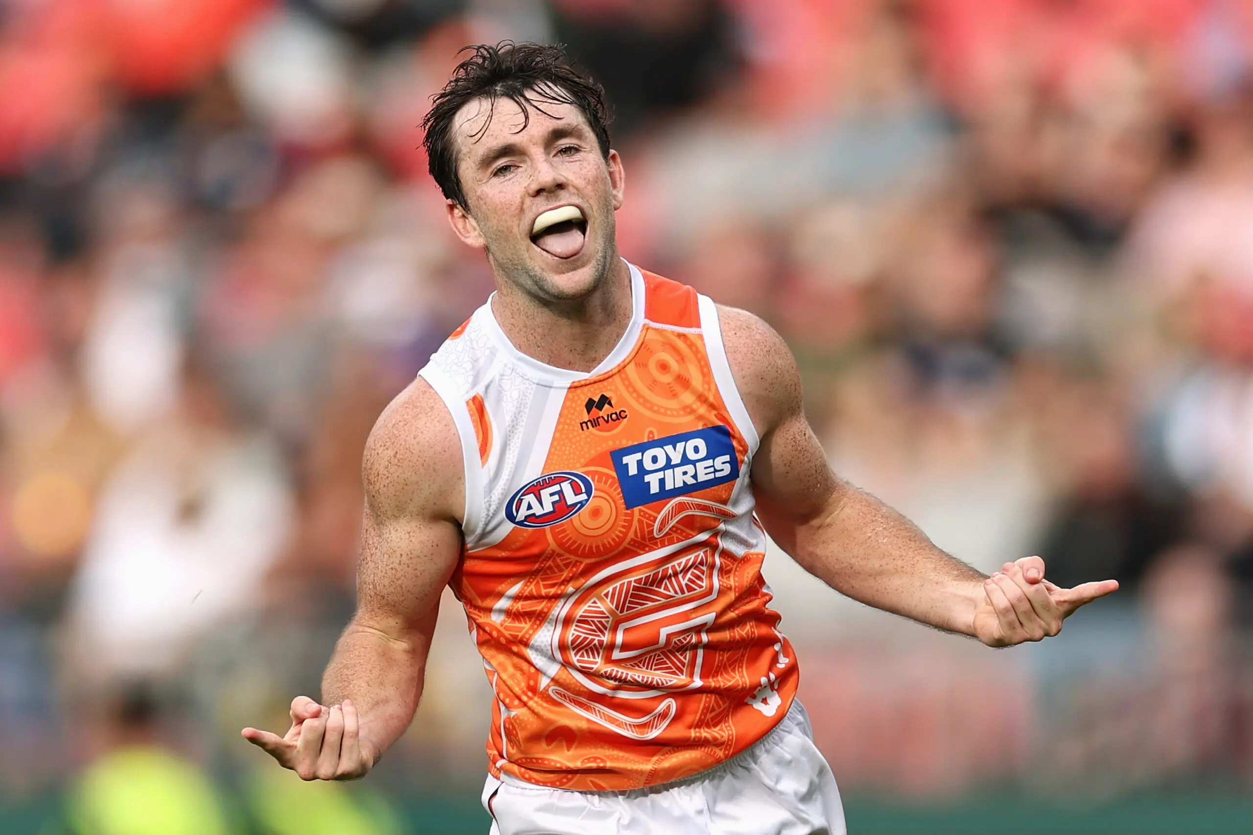 SYDNEY, AUSTRALIA - MAY 24: Brent Daniels of the Giants celebrates kicking a goal during the round 11 AFL match between Greater Western Sydney Giants and Brisbane Lions at ENGIE Stadium, on May 24, 2026, in Sydney, Australia. (Photo by Cameron Spencer/AFL Photos/via Getty Images)