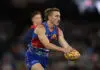MELBOURNE, AUSTRALIA - MAY 24: Bailey Dale of the Bulldogs runs with the ball during the round 11 AFL match between Western Bulldogs and Narrm (Melbourne Demons) at Marvel Stadium, on May 24, 2026, in Melbourne, Australia. (Photo by Robert Cianflone/Getty Images)
