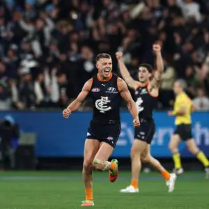 MELBOURNE, AUSTRALIA - MAY 29: Patrick Cripps of the Blues celebrates on the siren during the 2026 AFL Round 12 match between the Carlton Blues and the Geelong Cats at the Melbourne Cricket Ground on May 29, 2026 in Melbourne, Australia. (Photo by James Wiltshire/AFL Photos via Getty Images)