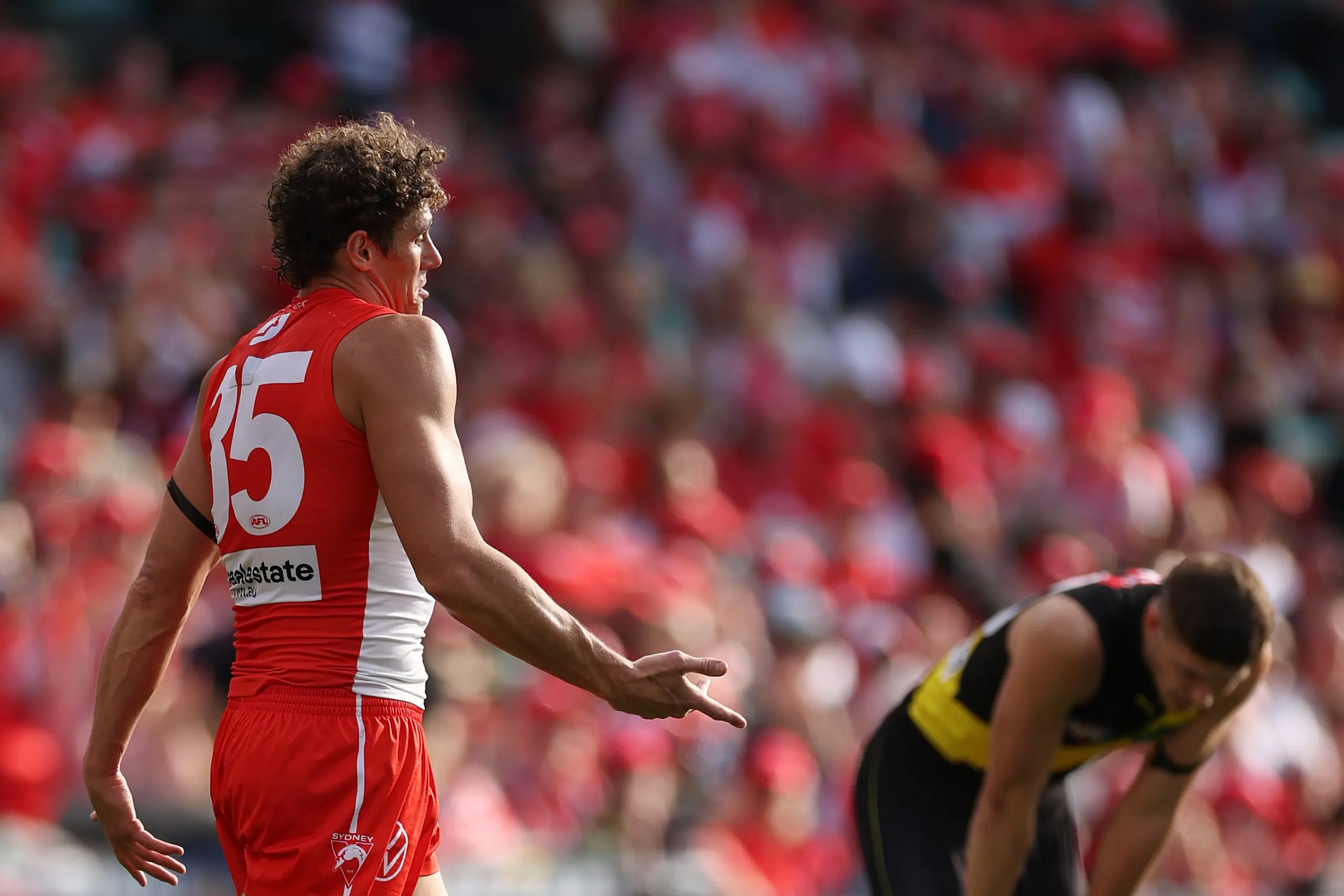 SYDNEY, AUSTRALIA - MAY 30: Charlie Curnow of the Swans celebrates a goal during the round 12 AFL match between Sydney Swans and Richmond Tigers at Sydney Cricket Ground, on May 30, 2026, in Sydney, Australia. (Photo by Darrian Traynor/AFL Photos/via Getty Images)