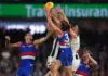 Middling Magpies facing “reality” after Bulldogs bite on Saturday night MELBOURNE, AUSTRALIA - MAY 30: Michael Sellwood of the Bulldogs takes a game-saving mark in the final stages during the round 12 AFL match between Western Bulldogs and Collingwood Magpies at Marvel Stadium, on May 30, 2026, in Melbourne, Australia. (Photo by Daniel Pockett/AFL Photos/via Getty Images)