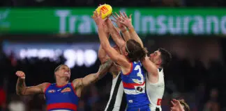 Middling Magpies facing “reality” after Bulldogs bite on Saturday night MELBOURNE, AUSTRALIA - MAY 30: Michael Sellwood of the Bulldogs takes a game-saving mark in the final stages during the round 12 AFL match between Western Bulldogs and Collingwood Magpies at Marvel Stadium, on May 30, 2026, in Melbourne, Australia. (Photo by Daniel Pockett/AFL Photos/via Getty Images)