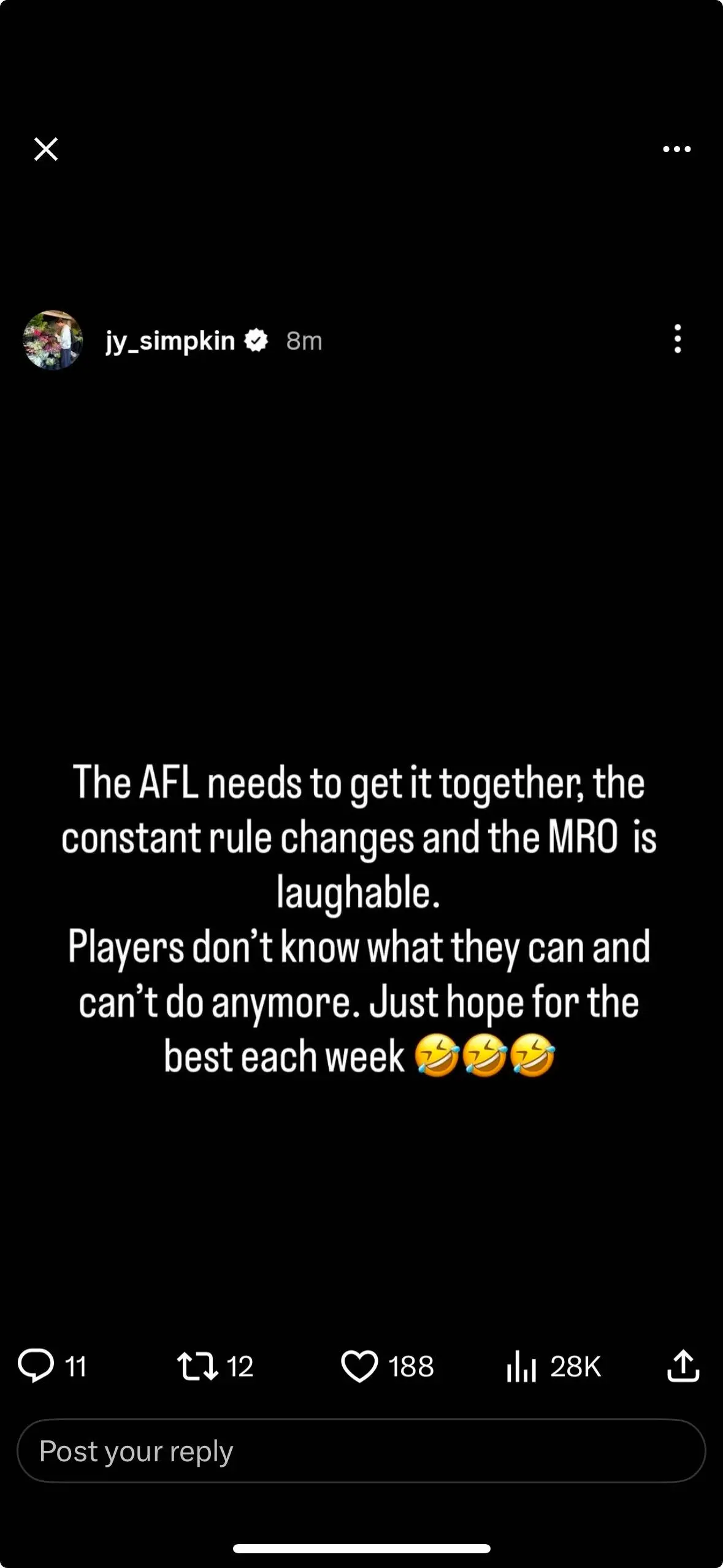 Kangaroos player Jy Simpkin on Instagram.