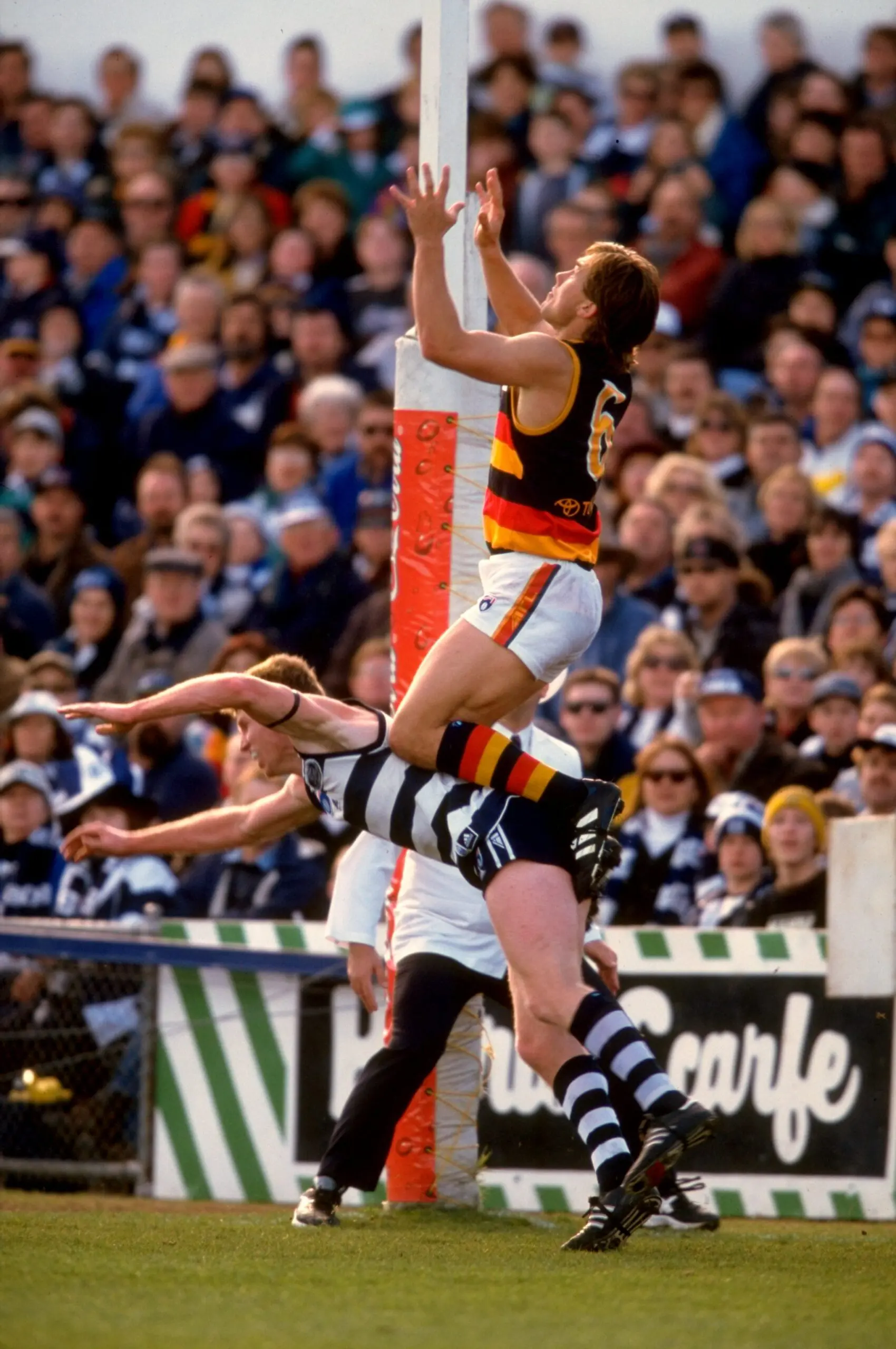 1998: Tony Modra of Adelaide jumps to markthe ball during the Round 20 AFL Football match against Geelong in Adelaide, Australia. Mandatory Credit: Hamish Blair /Allsport