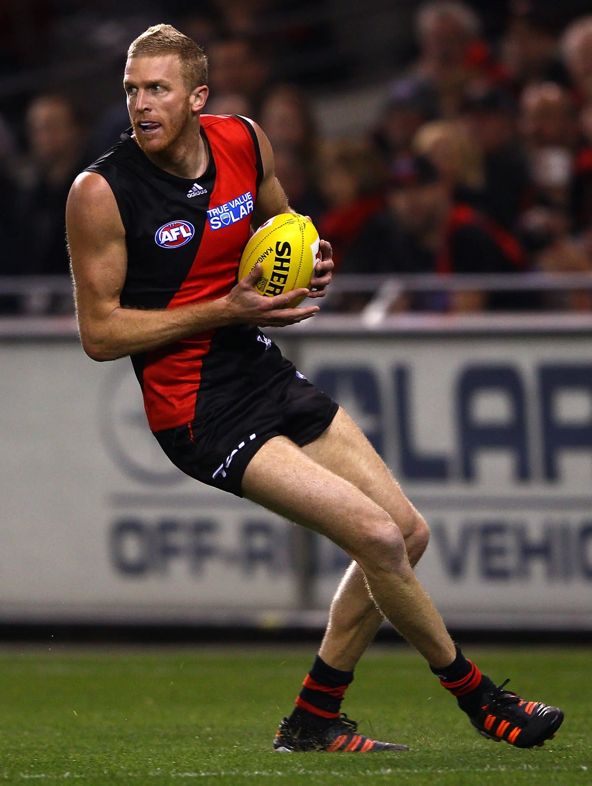 MELBOURNE, AUSTRALIA - MAY 05: Dustin Fletcher of the Bombers gathers the ball during the round six AFL match between the Essendon Bombers and the Brisbane Lions at Etihad Stadium on May 5, 2012 in Melbourne, Australia. (Photo by Mark Dadswell/Getty Images)