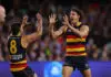 Adelaide Crows trade target makes call on his future ADELAIDE, AUSTRALIA - JUNE 06: James Borlase of the Crows celebrates his first goal in the AFL with Josh Rachele of the Crows during the 2024 AFL Round 13 match between the Adelaide Crows and the Richmond Tigers at Adelaide Oval on June 06, 2024 in Adelaide, Australia. (Photo by Sarah Reed/AFL Photos via Getty Images)