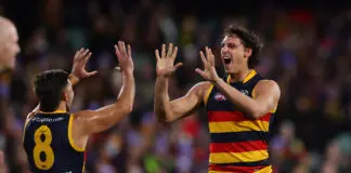 Adelaide Crows trade target makes call on his future ADELAIDE, AUSTRALIA - JUNE 06: James Borlase of the Crows celebrates his first goal in the AFL with Josh Rachele of the Crows during the 2024 AFL Round 13 match between the Adelaide Crows and the Richmond Tigers at Adelaide Oval on June 06, 2024 in Adelaide, Australia. (Photo by Sarah Reed/AFL Photos via Getty Images)