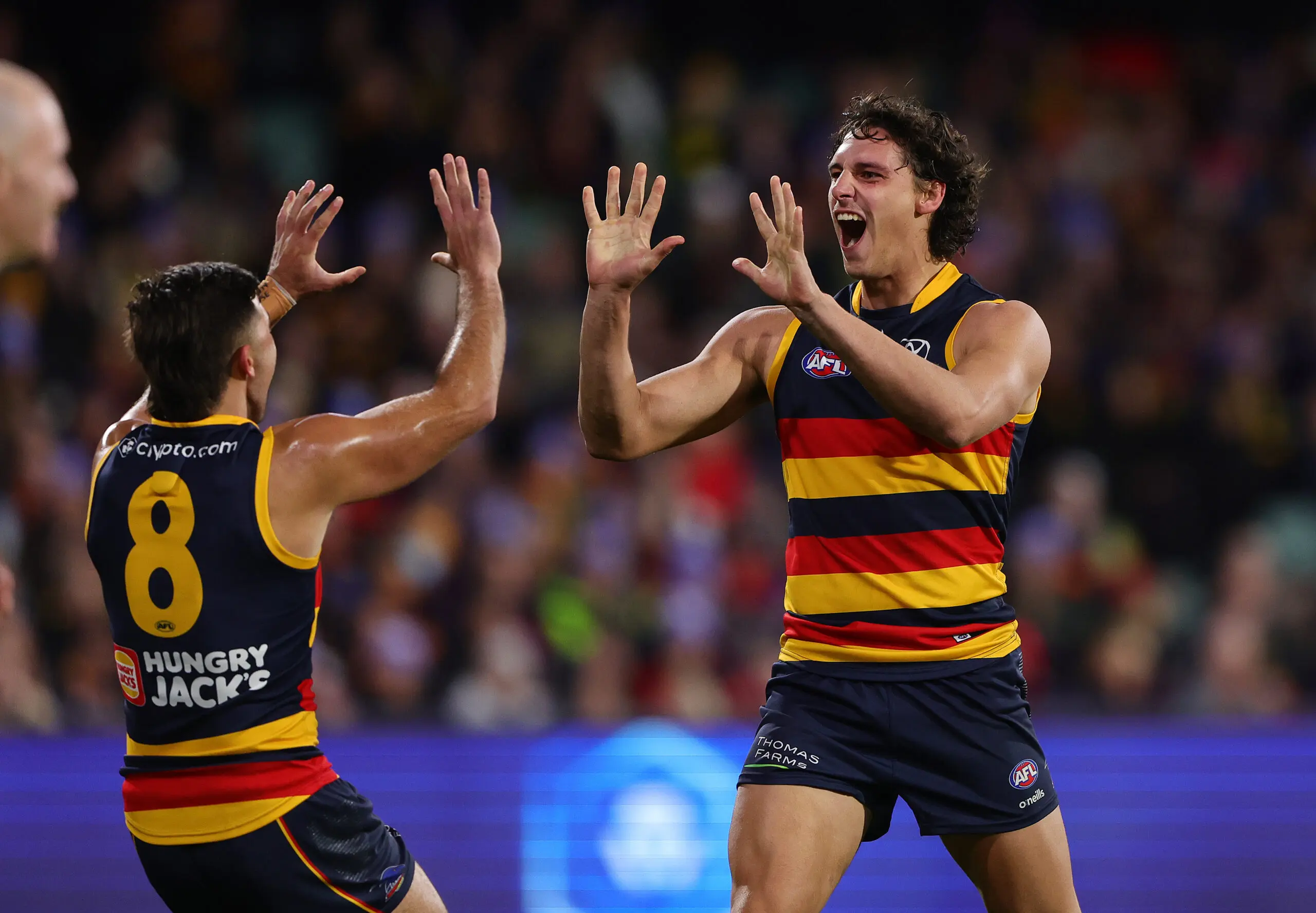 ADELAIDE, AUSTRALIA - JUNE 06: James Borlase of the Crows celebrates his first goal in the AFL with Josh Rachele of the Crows during the 2024 AFL Round 13 match between the Adelaide Crows and the Richmond Tigers at Adelaide Oval on June 06, 2024 in Adelaide, Australia. (Photo by Sarah Reed/AFL Photos via Getty Images)