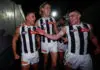 ADELAIDE, AUSTRALIA - SEPTEMBER 04: (L-R) Nick Daicos, Darcy Moore and Brayden Maynard of the Magpies celebrate during the AFL First Qualifying Final match between the Adelaide Crows and the Collingwood Magpies at Adelaide Oval on September 04, 2025 in Adelaide, Australia. (Photo by Michael Willson/AFL Photos via Getty Images)