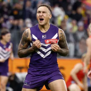 PERTH, AUSTRALIA - SEPTEMBER 06: Shai Bolton of the Dockers celebrates a goal during the AFL Second Elimination Final match between the Fremantle Dockers and the Gold Coast Suns at Optus Stadium on September 06, 2025 in Perth, Australia. (Photo by Michael Willson/AFL Photos via Getty Images)