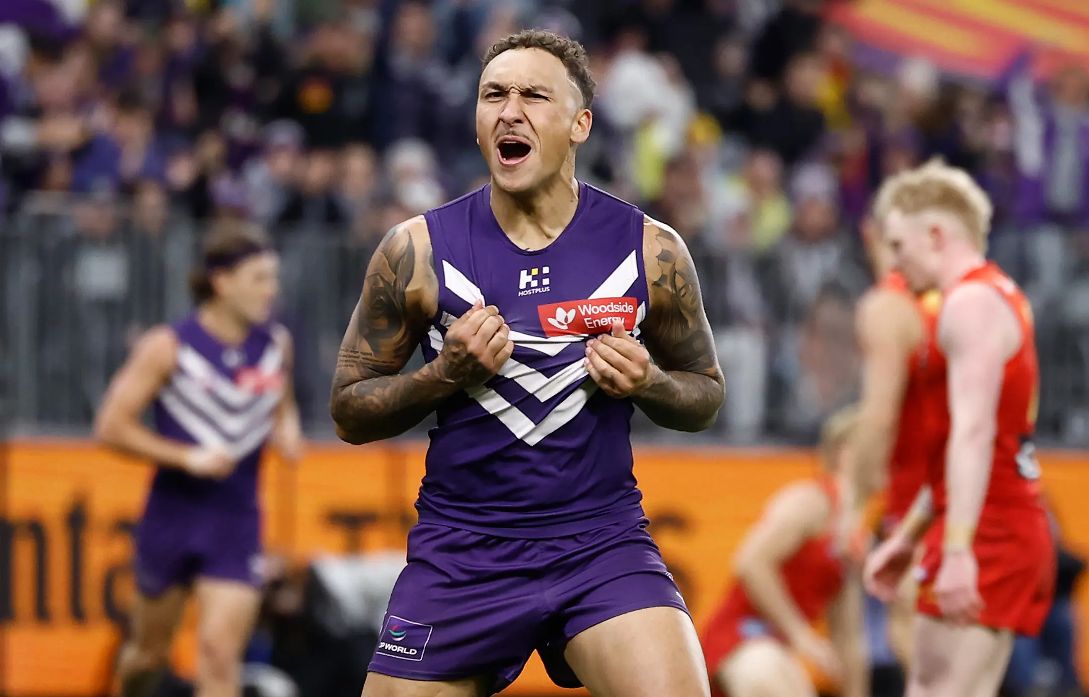 PERTH, AUSTRALIA - SEPTEMBER 06: Shai Bolton of the Dockers celebrates a goal during the AFL Second Elimination Final match between the Fremantle Dockers and the Gold Coast Suns at Optus Stadium on September 06, 2025 in Perth, Australia. (Photo by Michael Willson/AFL Photos via Getty Images)
