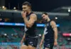 SYDNEY, AUSTRALIA - MARCH 5: Patrick Cripps of the Blues looks dejected after a loss during the 2026 AFL Opening Round match between the Sydney Swans and the Carlton Blues at the Sydney Cricket Ground on March 5, 2026 in Sydney, Australia. (Photo by Michael Willson/AFL Photos via Getty Images)