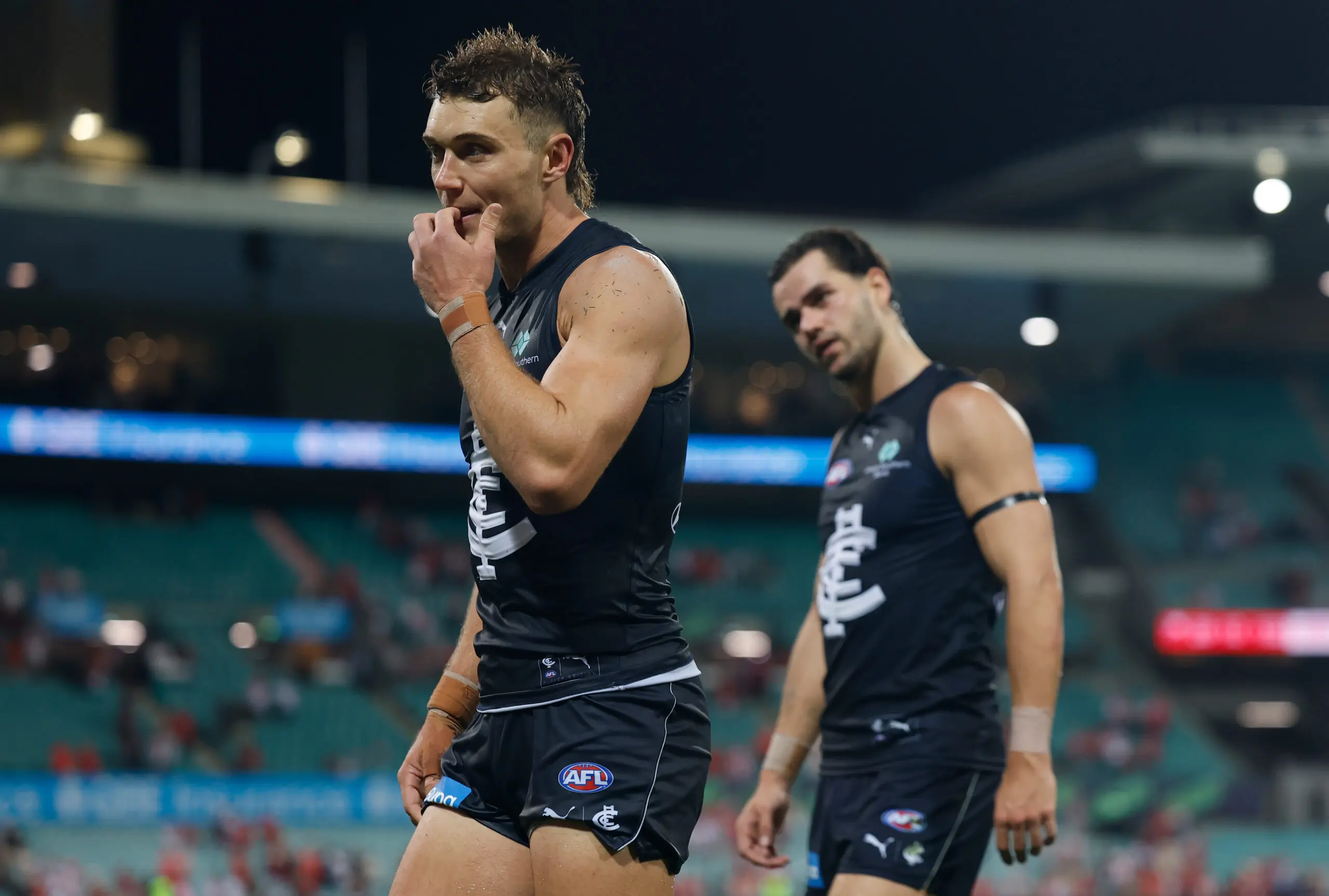 SYDNEY, AUSTRALIA - MARCH 5: Patrick Cripps of the Blues looks dejected after a loss during the 2026 AFL Opening Round match between the Sydney Swans and the Carlton Blues at the Sydney Cricket Ground on March 5, 2026 in Sydney, Australia. (Photo by Michael Willson/AFL Photos via Getty Images)