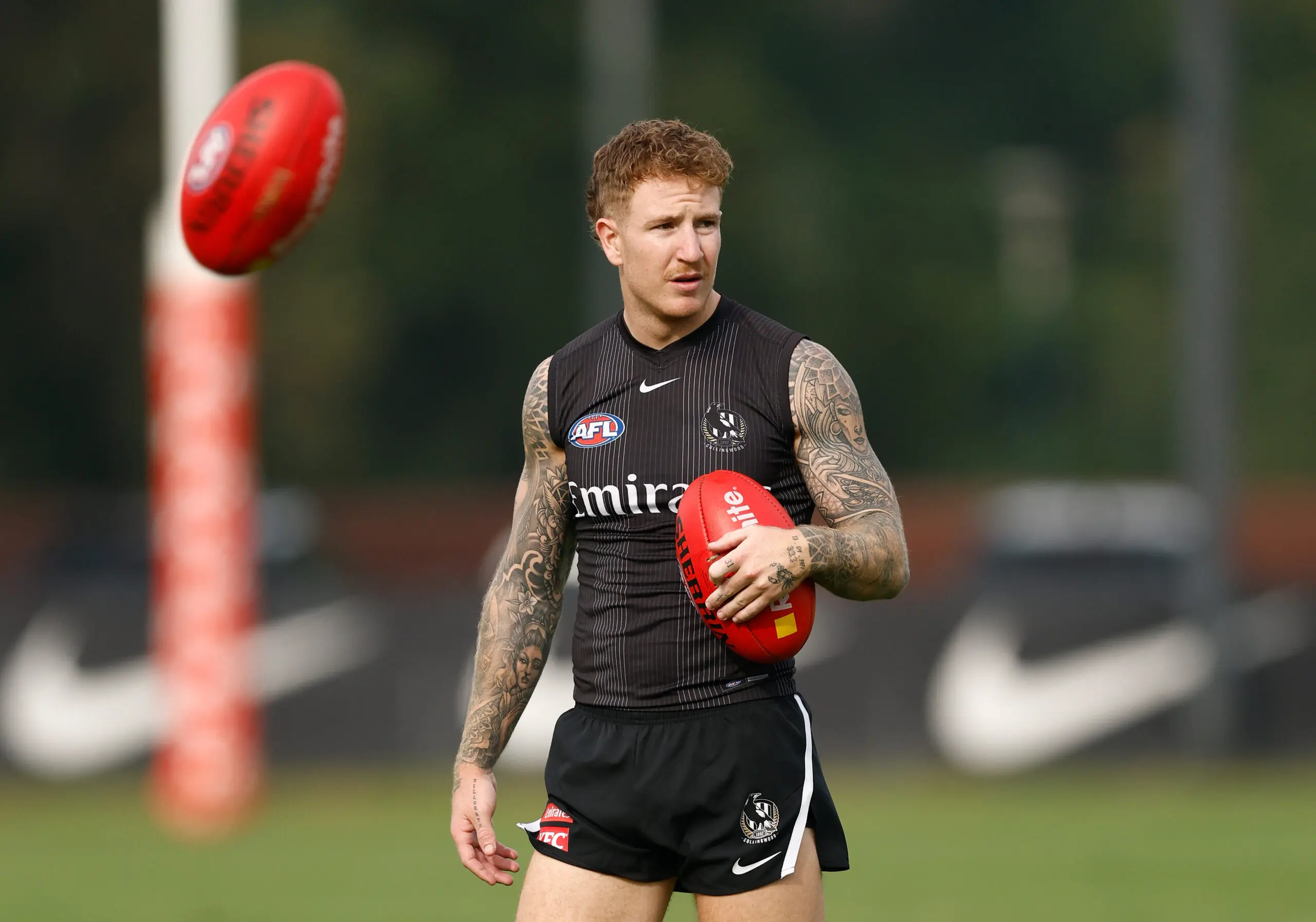 MELBOURNE, AUSTRALIA - MARCH 23: Beau McCreery of the Magpies in action during the Collingwood Magpies training session at Olympic Park Oval on March 23, 2026 in Melbourne, Australia. (Photo by Michael Willson/AFL Photos via Getty Images)