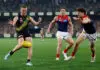 MRO: MCL injury and reckless behaviour keeping young Tiger off the field MELBOURNE, AUSTRALIA - APRIL 24: Hugo Ralphsmith of the Tigers kicks the ball during the 2026 AFL Round 07 match between the Richmond Tigers and the Melbourne Demons at the Melbourne Cricket Ground on April 24, 2026 in Melbourne, Australia. (Photo by Michael Willson/AFL Photos via Getty Images)