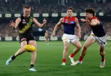 MRO: MCL injury and reckless behaviour keeping young Tiger off the field MELBOURNE, AUSTRALIA - APRIL 24: Hugo Ralphsmith of the Tigers kicks the ball during the 2026 AFL Round 07 match between the Richmond Tigers and the Melbourne Demons at the Melbourne Cricket Ground on April 24, 2026 in Melbourne, Australia. (Photo by Michael Willson/AFL Photos via Getty Images)