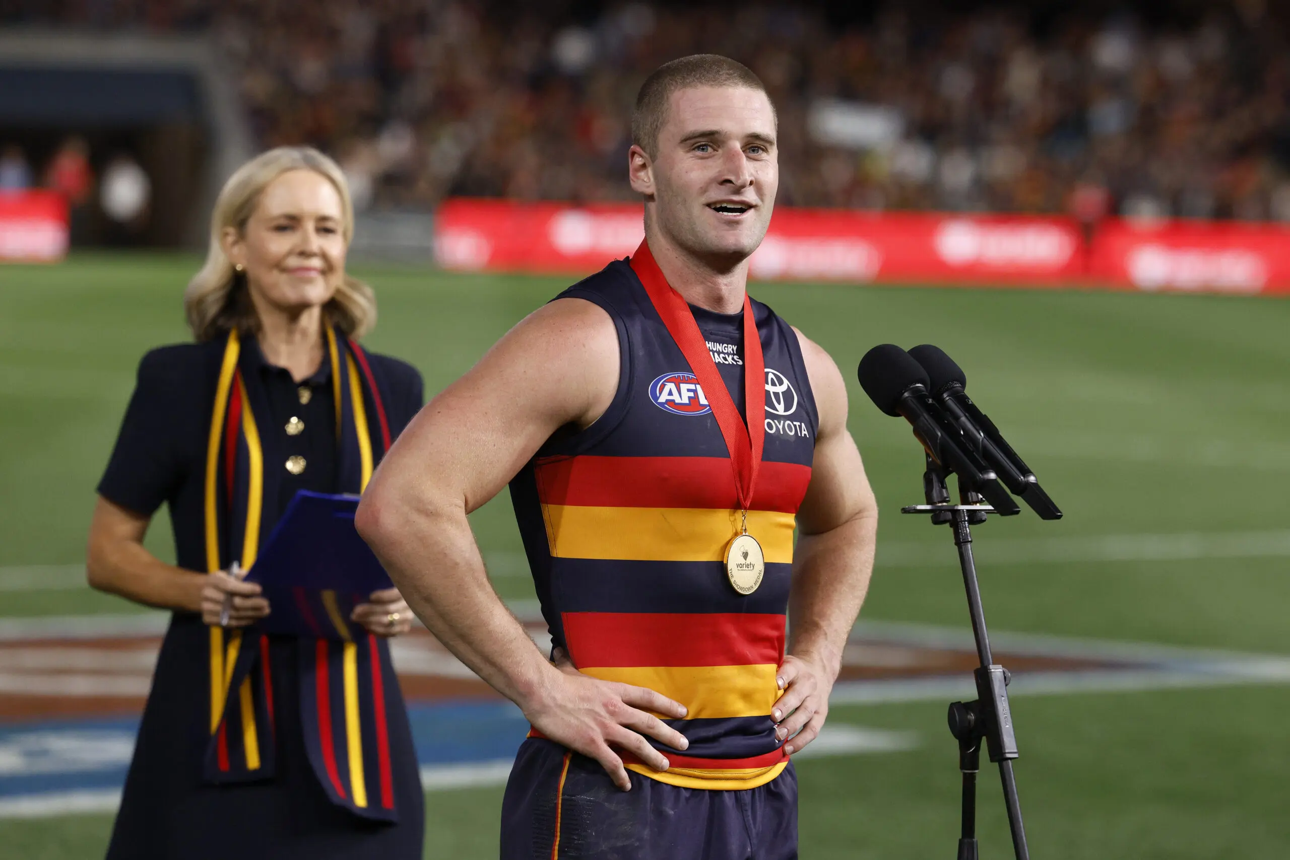 ADELAIDE, AUSTRALIA - MAY 01: Sam Berry of the Crows win the Showdown Medal during the 2026 AFL Round 08 match between the Adelaide Crows and the Port Adelaide Power at Adelaide Oval on May 1, 2026 in Adelaide, Australia. (Photo by James Elsby/AFL Photos via Getty Images)