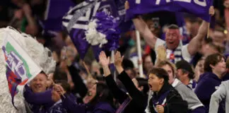 On top but terrified, scared and scarred: A glimpse into the thoughts of a Fremantle fan PERTH, AUSTRALIA - MAY 07: Fremantle fans celebrates during the round nine AFL match between Fremantle Dockers and Hawthorn Hawks at Optus Stadium, on May 07, 2026, in Perth, Australia. (Photo by Janelle St Pierre/AFL Photos/via Getty Images)