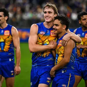 PERTH, AUSTRALIA - MAY 17: Hamish Davis and Malakai Champion of the Eagles celebrate the win during the 2026 AFL Round 10 match between Waalitj Marawar (West Coast Eagles) and the GWS Giants at Optus Stadium on May 17, 2026 in Perth, Australia. (Photo by Daniel Carson/AFL Photos via Getty Images)