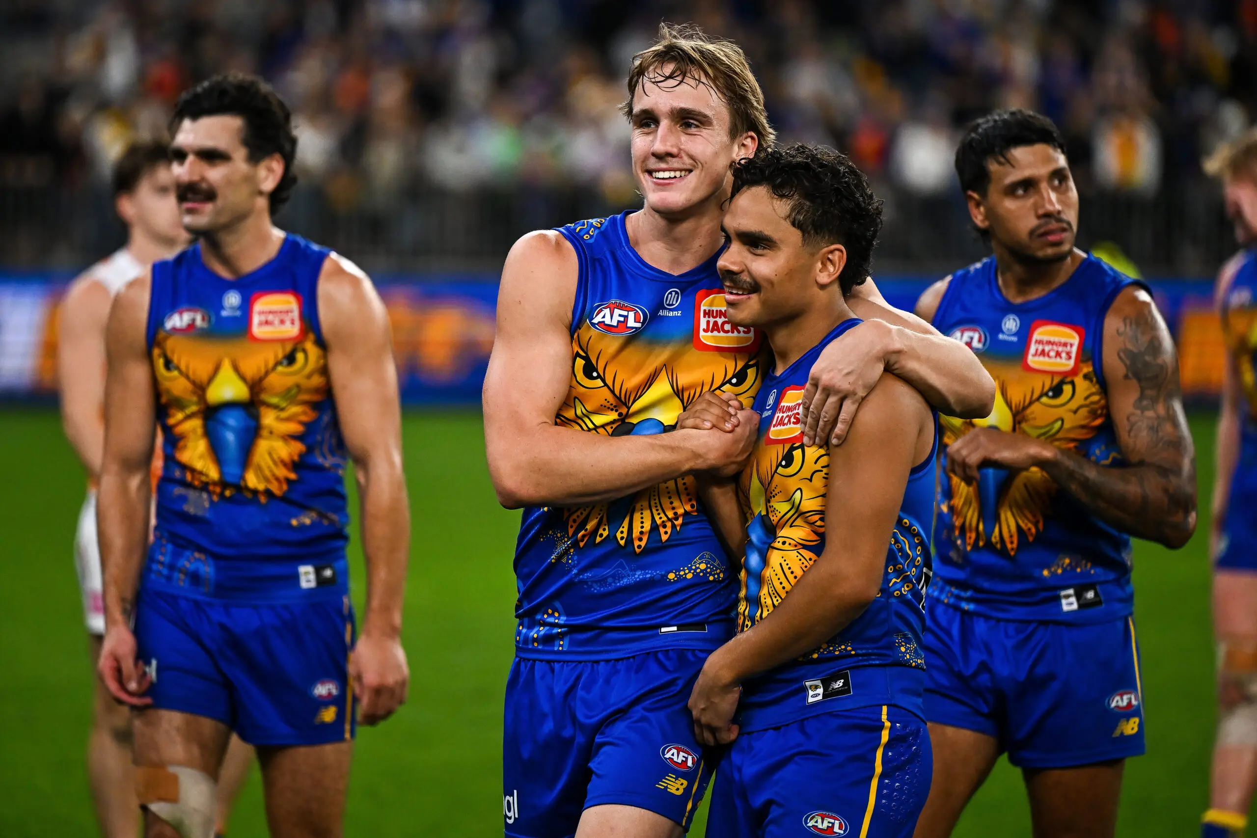 PERTH, AUSTRALIA - MAY 17: Hamish Davis and Malakai Champion of the Eagles celebrate the win during the 2026 AFL Round 10 match between Waalitj Marawar (West Coast Eagles) and the GWS Giants at Optus Stadium on May 17, 2026 in Perth, Australia. (Photo by Daniel Carson/AFL Photos via Getty Images)