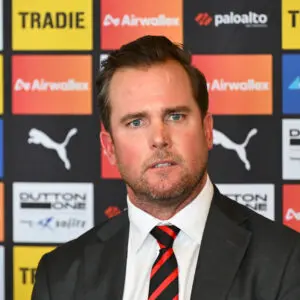 MELBOURNE, AUSTRALIA - MAY 26: Essendon President Andrew Welsh speaks to the media during an Essendon Bombers AFL press conference at The Hangar on May 26, 2026 in Melbourne, Australia. (Photo by Quinn Rooney/Getty Images)