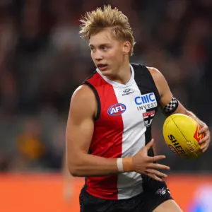 MELBOURNE, AUSTRALIA - MAY 28: Alix Tauru of the Saints runs with the ball during the round 12 AFL match between St Kilda Saints and Hawthorn Hawks at Marvel Stadium, on May 28, 2026, in Melbourne, Australia. (Photo by Daniel Pockett/Getty Images)