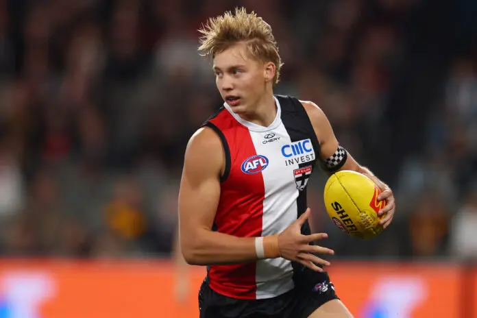 MELBOURNE, AUSTRALIA - MAY 28: Alix Tauru of the Saints runs with the ball during the round 12 AFL match between St Kilda Saints and Hawthorn Hawks at Marvel Stadium, on May 28, 2026, in Melbourne, Australia. (Photo by Daniel Pockett/Getty Images)