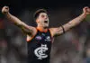 MELBOURNE, AUSTRALIA - MAY 29: Nic Newman of the Blues celebrates on the final siren during the round 12 AFL match between Carlton Blues and Geelong Cats at Melbourne Cricket Ground, on May 29, 2026, in Melbourne, Australia. (Photo by Quinn Rooney/Getty Images)