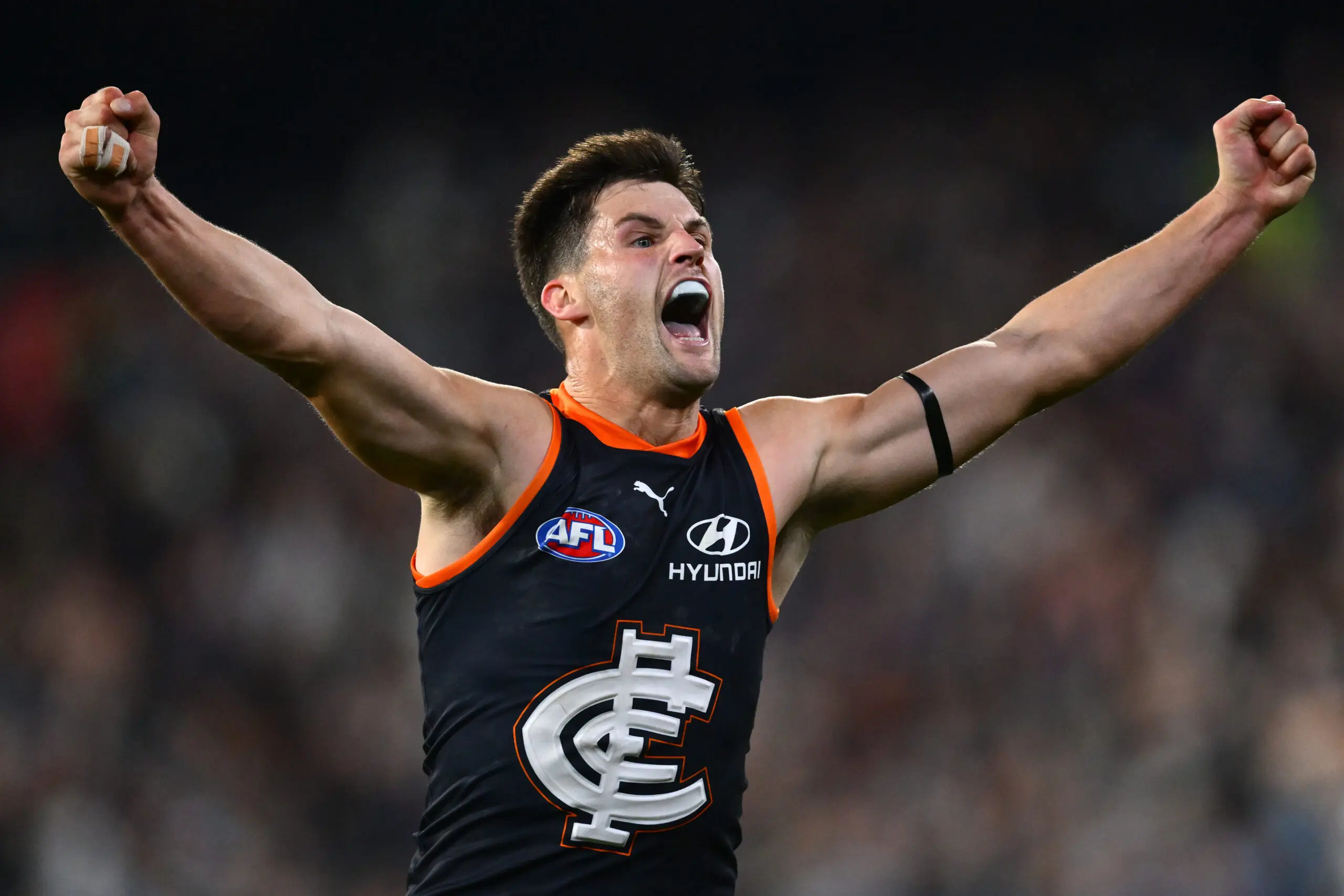 MELBOURNE, AUSTRALIA - MAY 29: Nic Newman of the Blues celebrates on the final siren during the round 12 AFL match between Carlton Blues and Geelong Cats at Melbourne Cricket Ground, on May 29, 2026, in Melbourne, Australia. (Photo by Quinn Rooney/Getty Images)