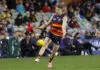 ADELAIDE, AUSTRALIA - JUNE 04: Hugo Hall-Kahan of the Crows kicks the ball during the 2026 AFL Round 13 match between the Adelaide Crows and the Geelong Cats at Adelaide Oval on June 4, 2026 in Adelaide, Australia. (Photo by James Elsby/AFL Photos via Getty Images)